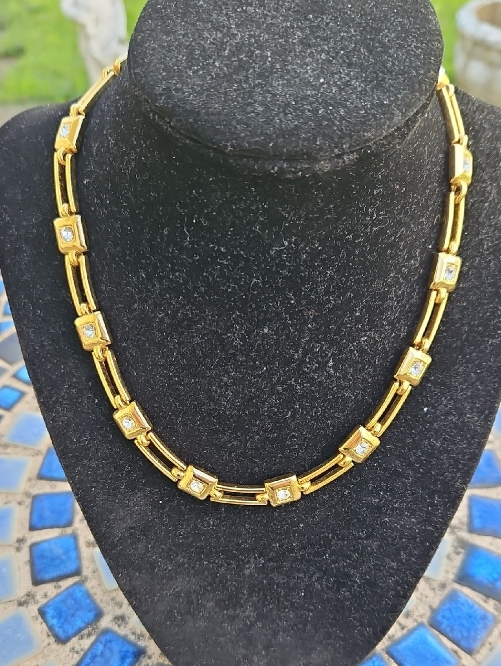 Vintage Heavy Goldtone Link Square W/Rhinestone Necklace.